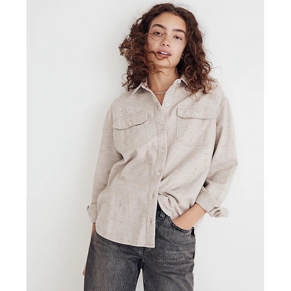Madewell Speckled Flannel Button Down Shirt Jacket in Oatmeal Beige | Medium
